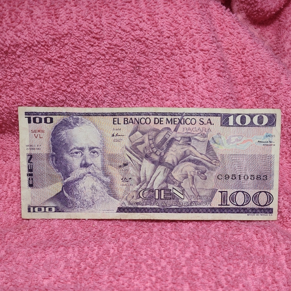 Vintage 100 Peso Mexican Banknote on Pink Backing